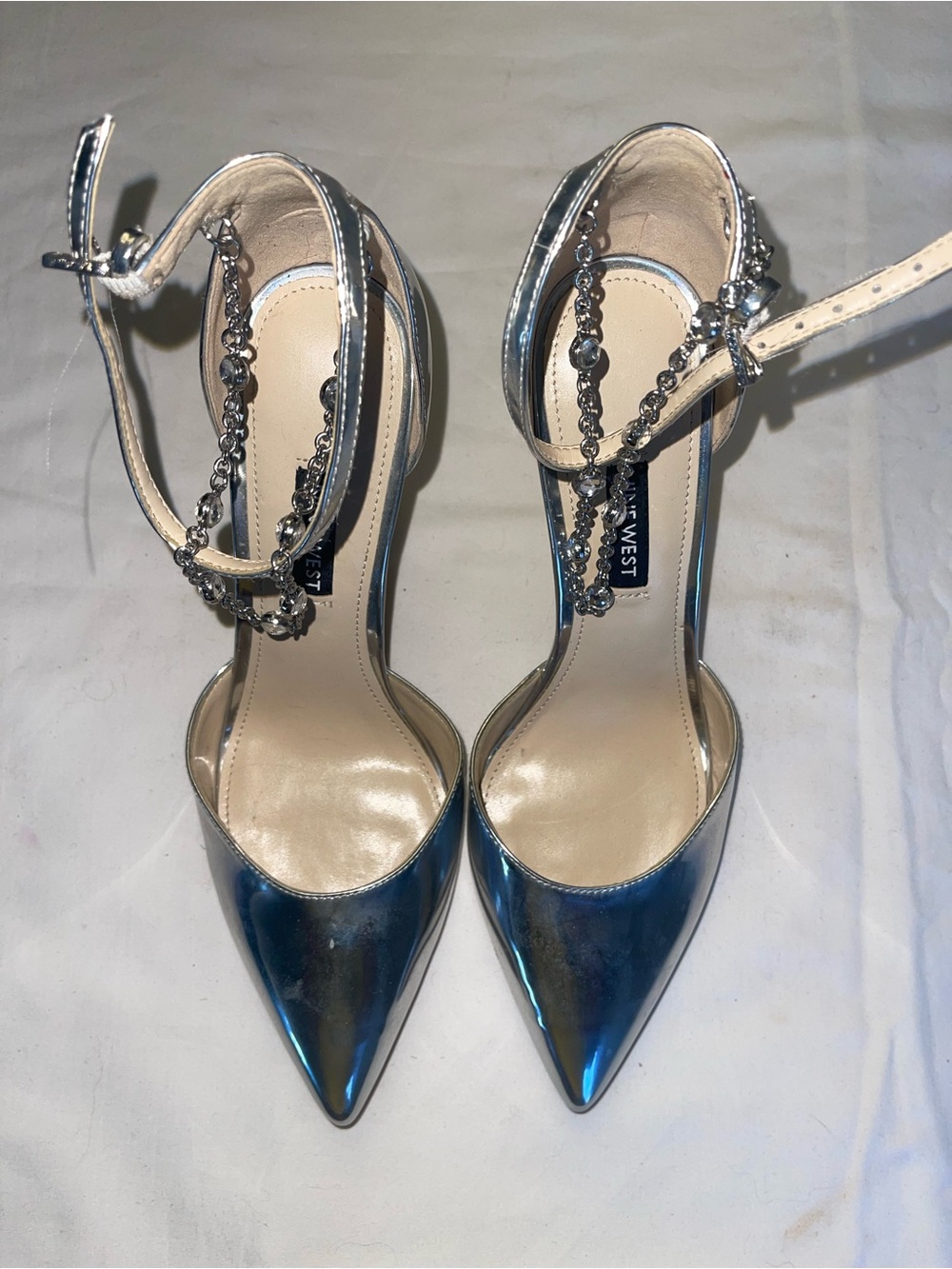 Nine West Metallic Silver Pointed-Toe Ankle-Strap Pumps